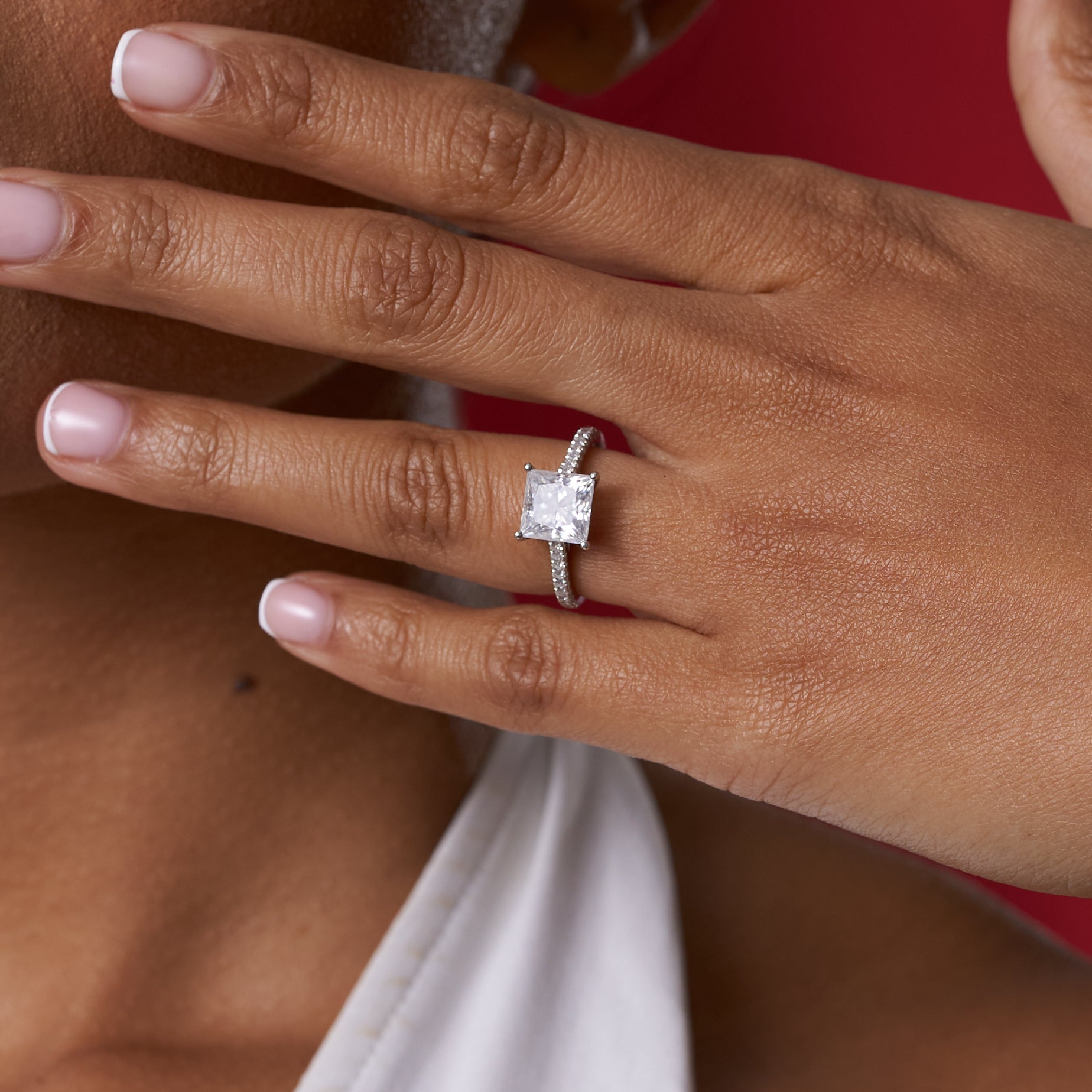 Princess Cut Solitare Pavé Band Moissanite Engagement Ring