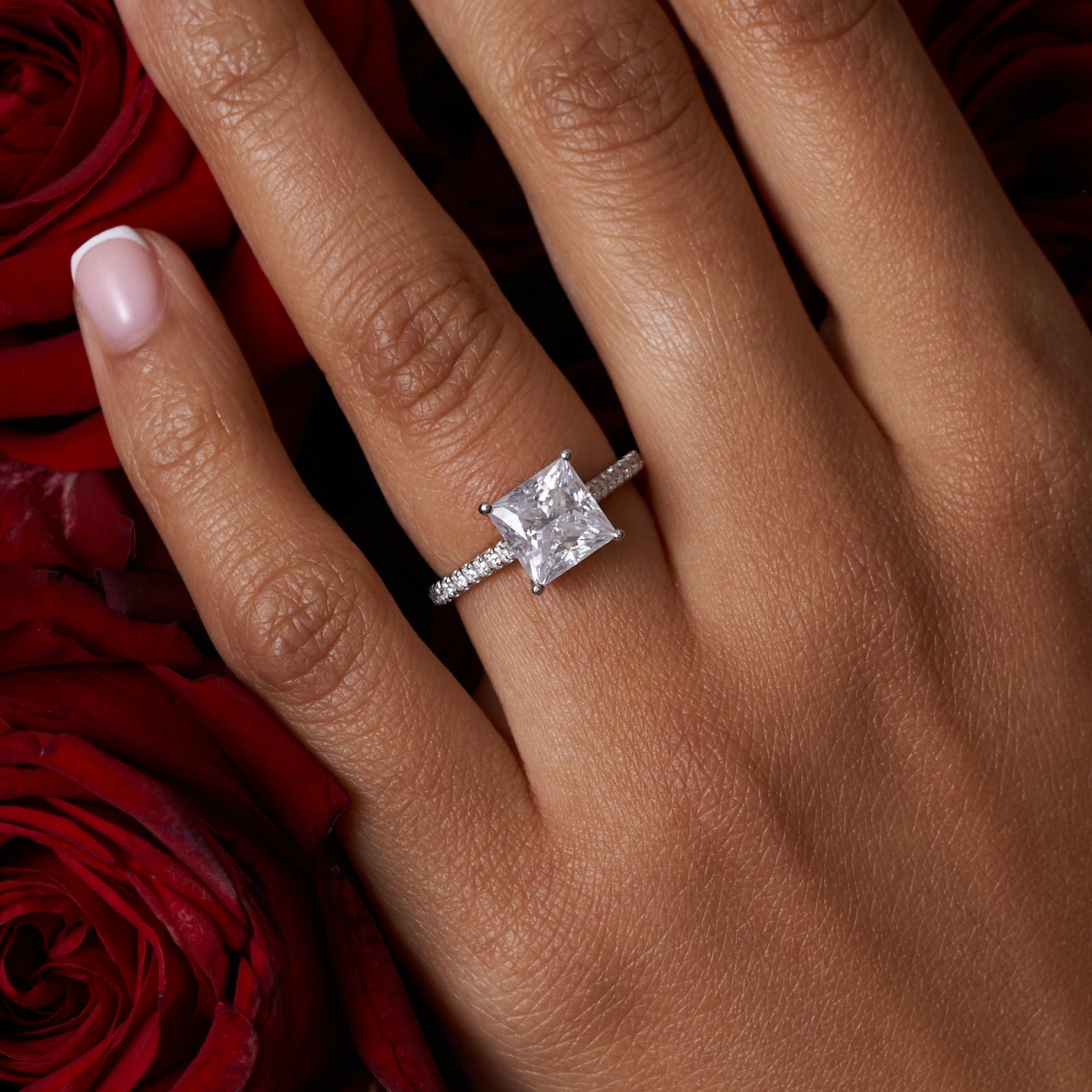 Princess Cut Solitare Pavé Band Moissanite Engagement Ring