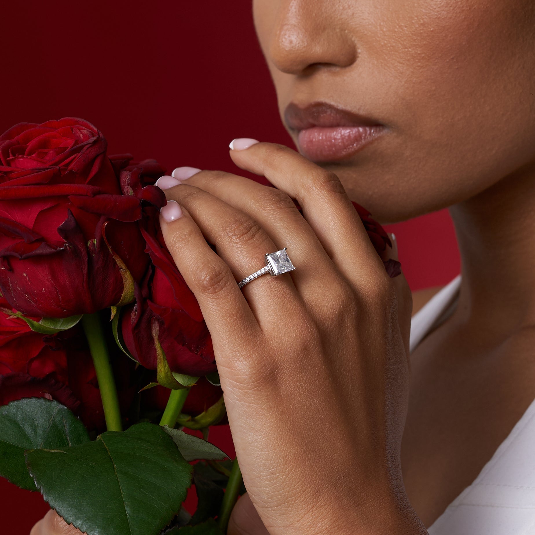 Princess Cut Solitare Pavé Band Moissanite Engagement Ring