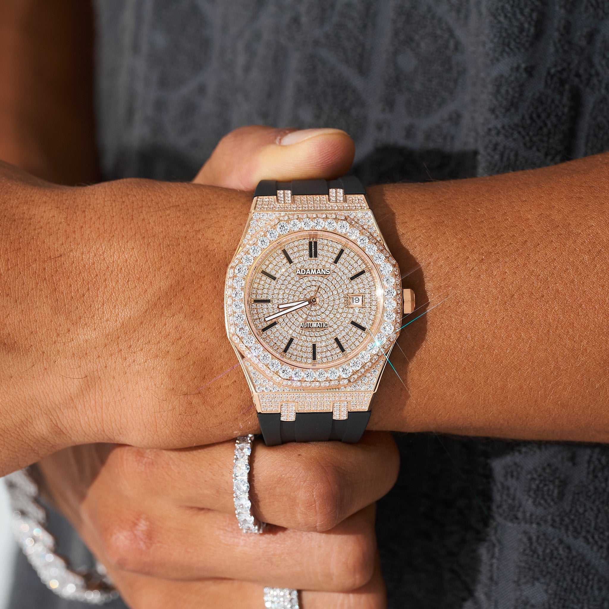 44mm Paved VVS Moissanite Diamond Silicone Band Watch - Rose Gold