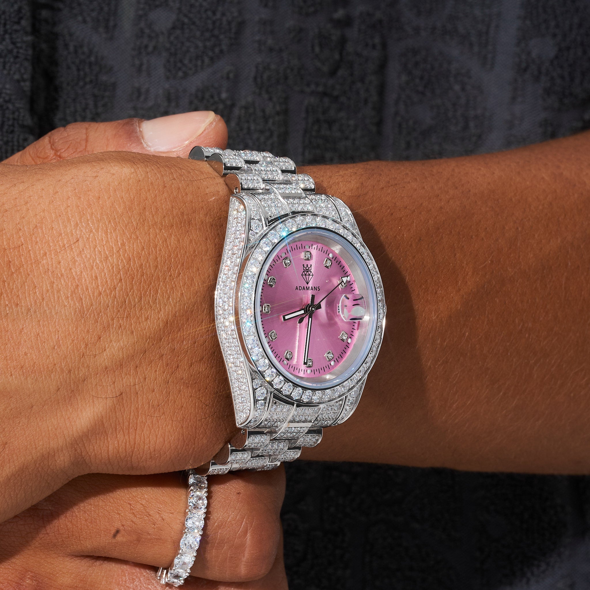 41mm Moissanite Diamond Presidential Watch - Pink Face - White Gold