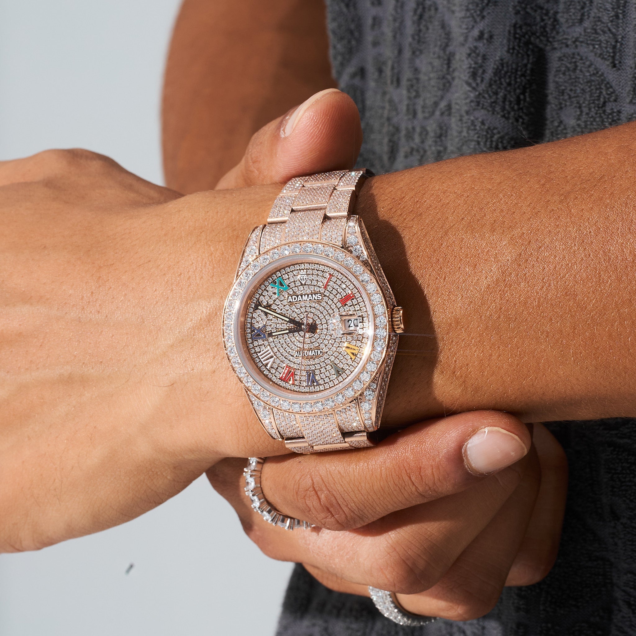 Custom Colored Numeral Dial VVs Moissanite Diamond Watch - Rose Gold