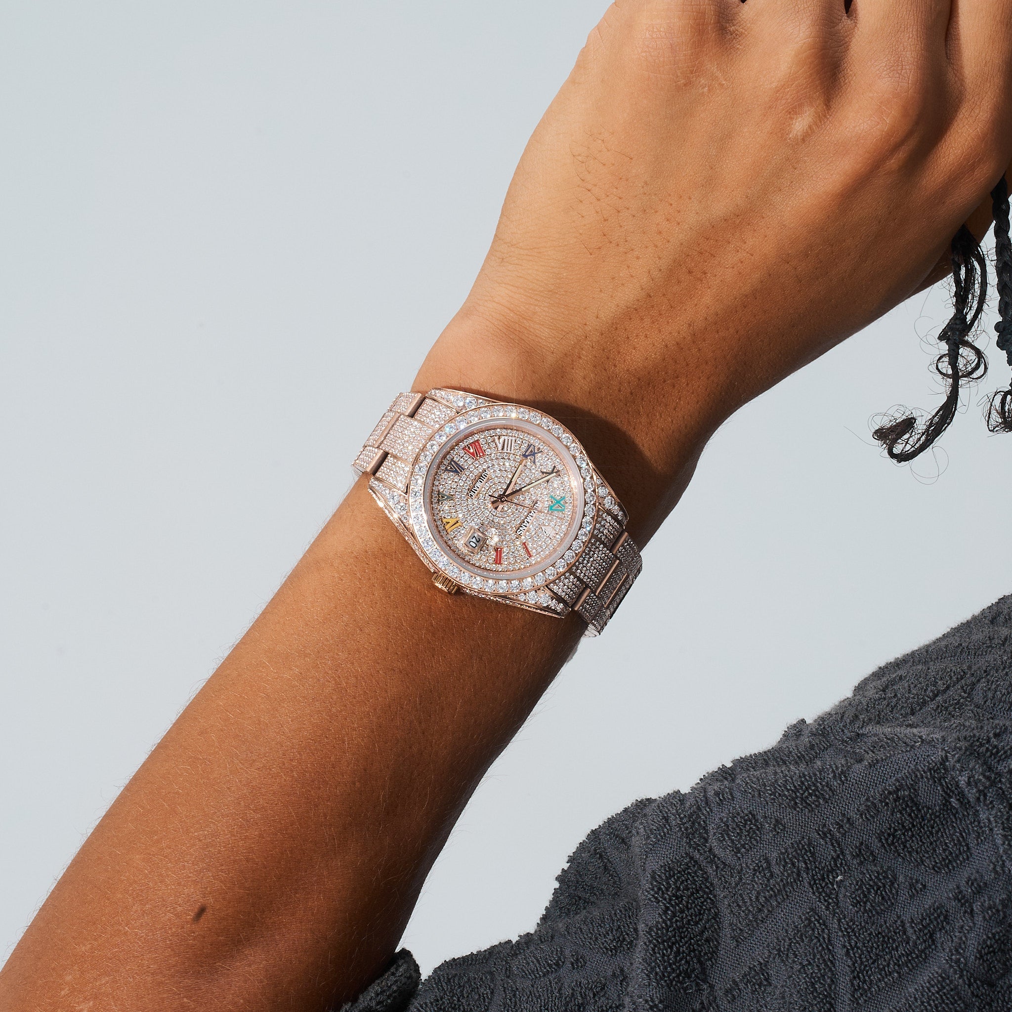 Custom Colored Numeral Dial VVs Moissanite Diamond Watch - Rose Gold