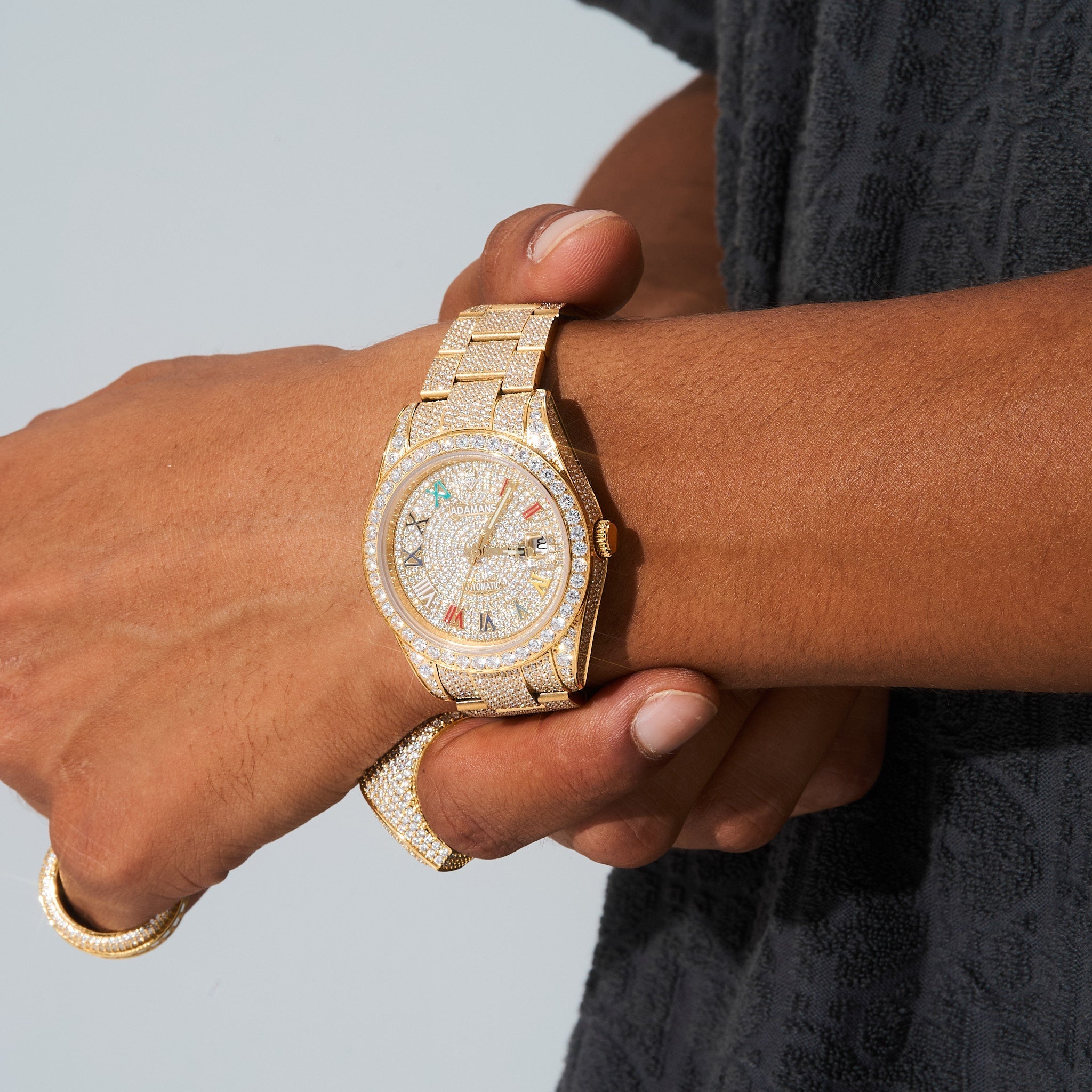 Custom Colored Numeral Dial VVs Moissanite Diamond Watch - Gold