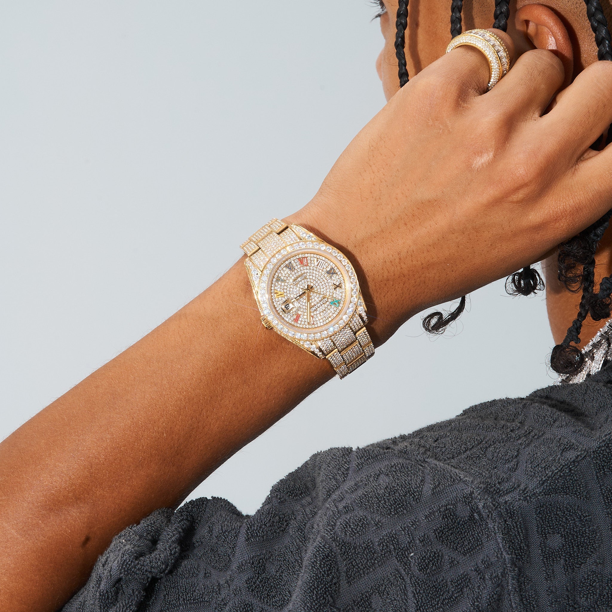 Custom Colored Numeral Dial VVs Moissanite Diamond Watch - Gold