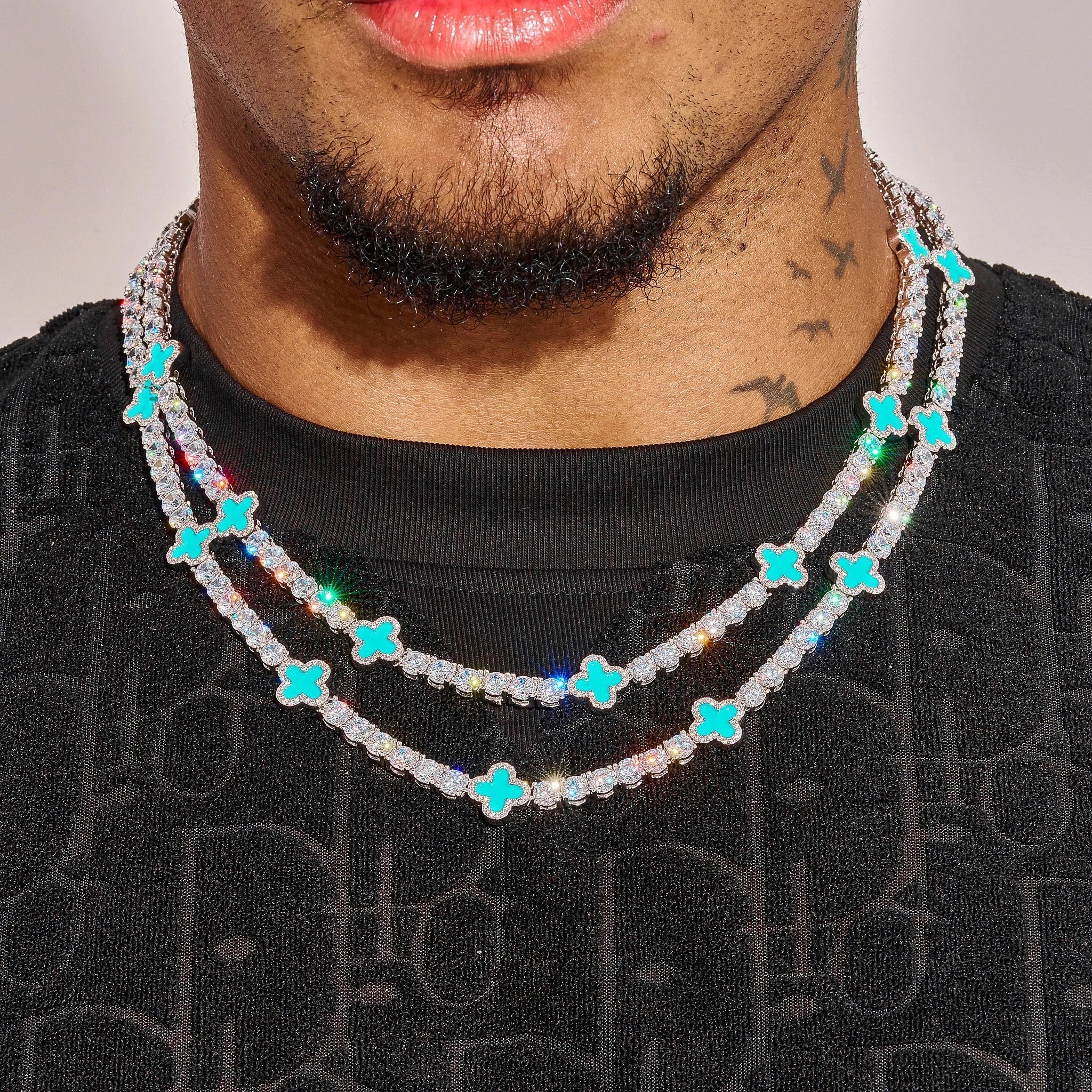5MM Green Motif Tennis Chain - White Gold