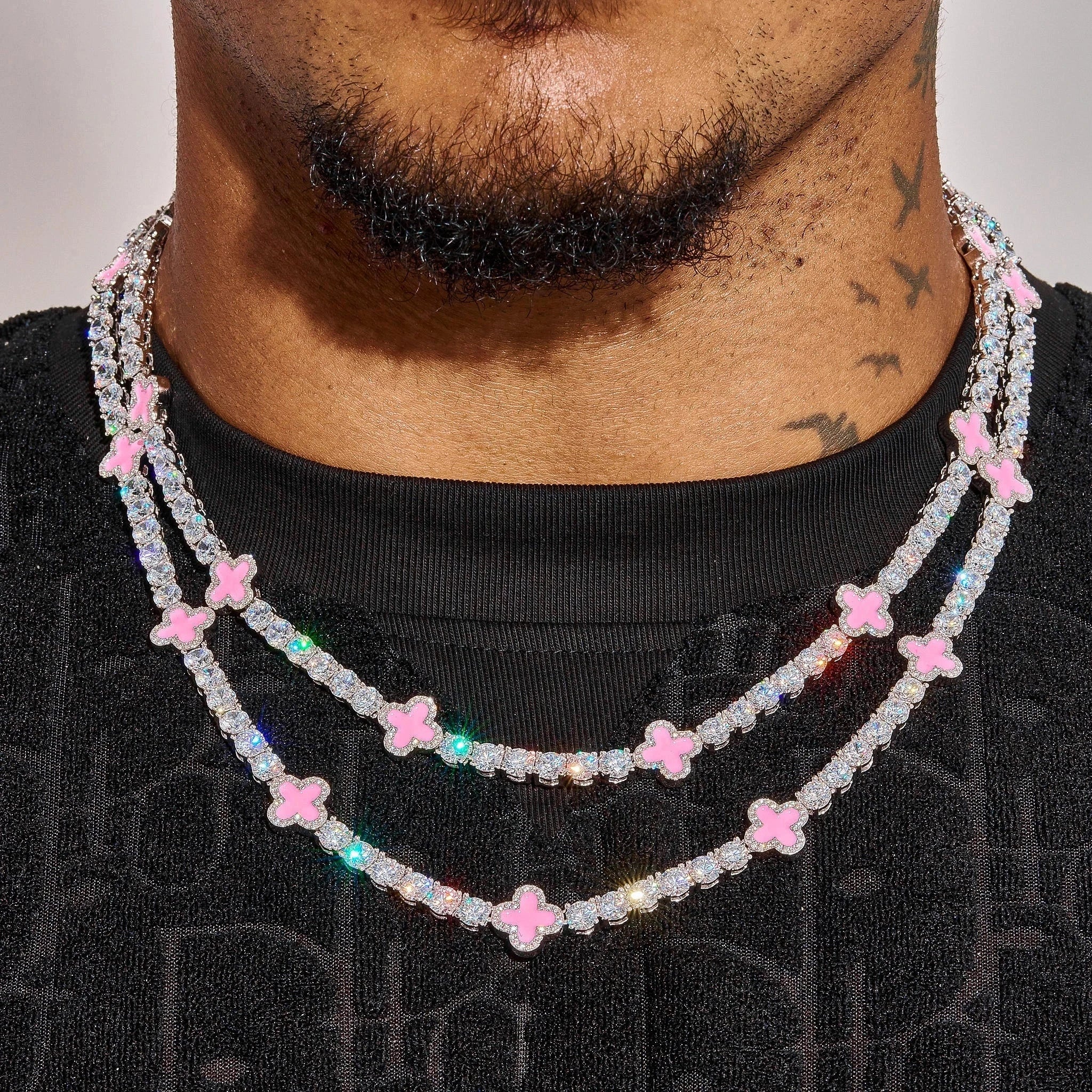 5MM Pink Motif Tennis Chain - White Gold