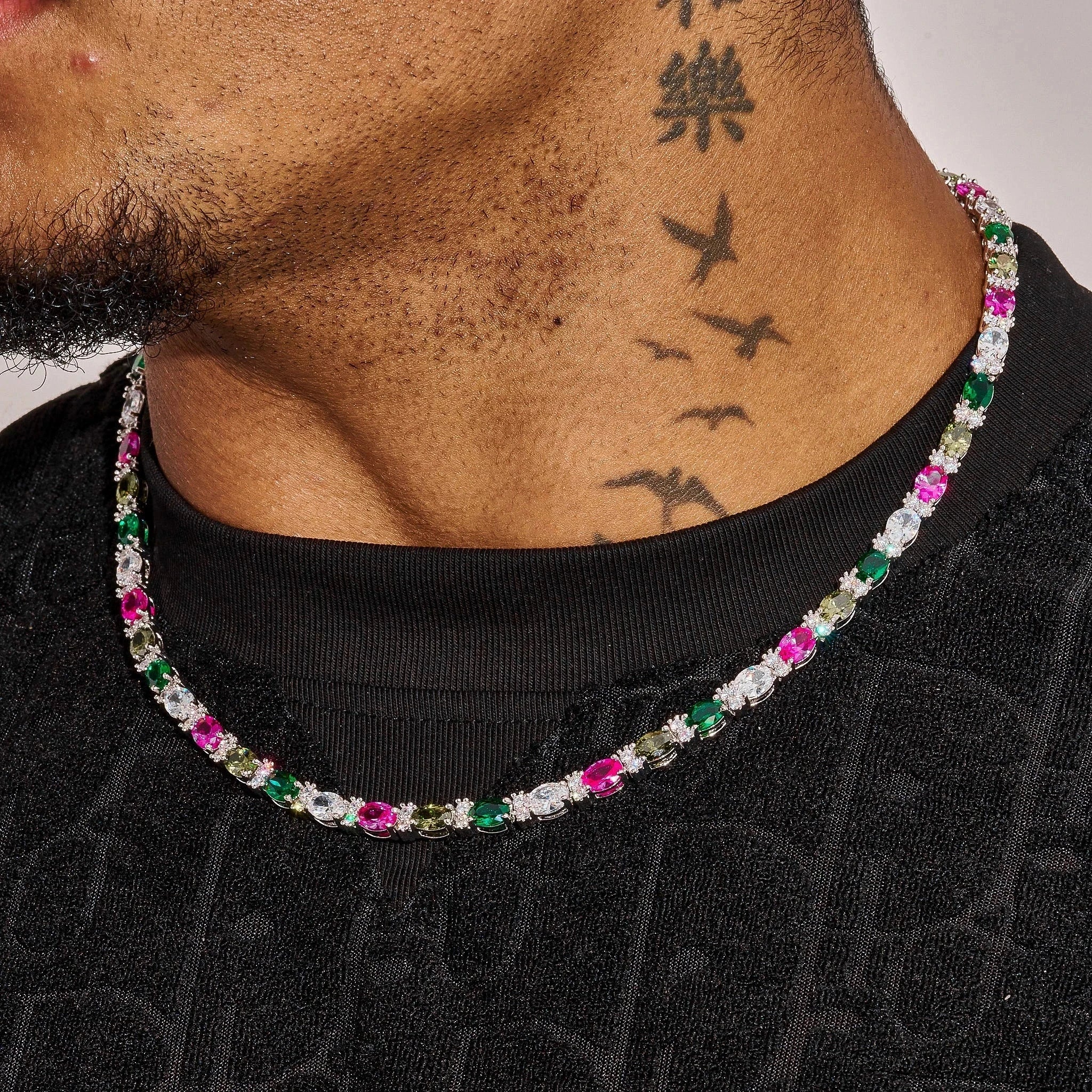 5MM Moissanite Multicolor Mixed Oval Cut Tennis Chain - 925 Silver - D Colour - VVS1