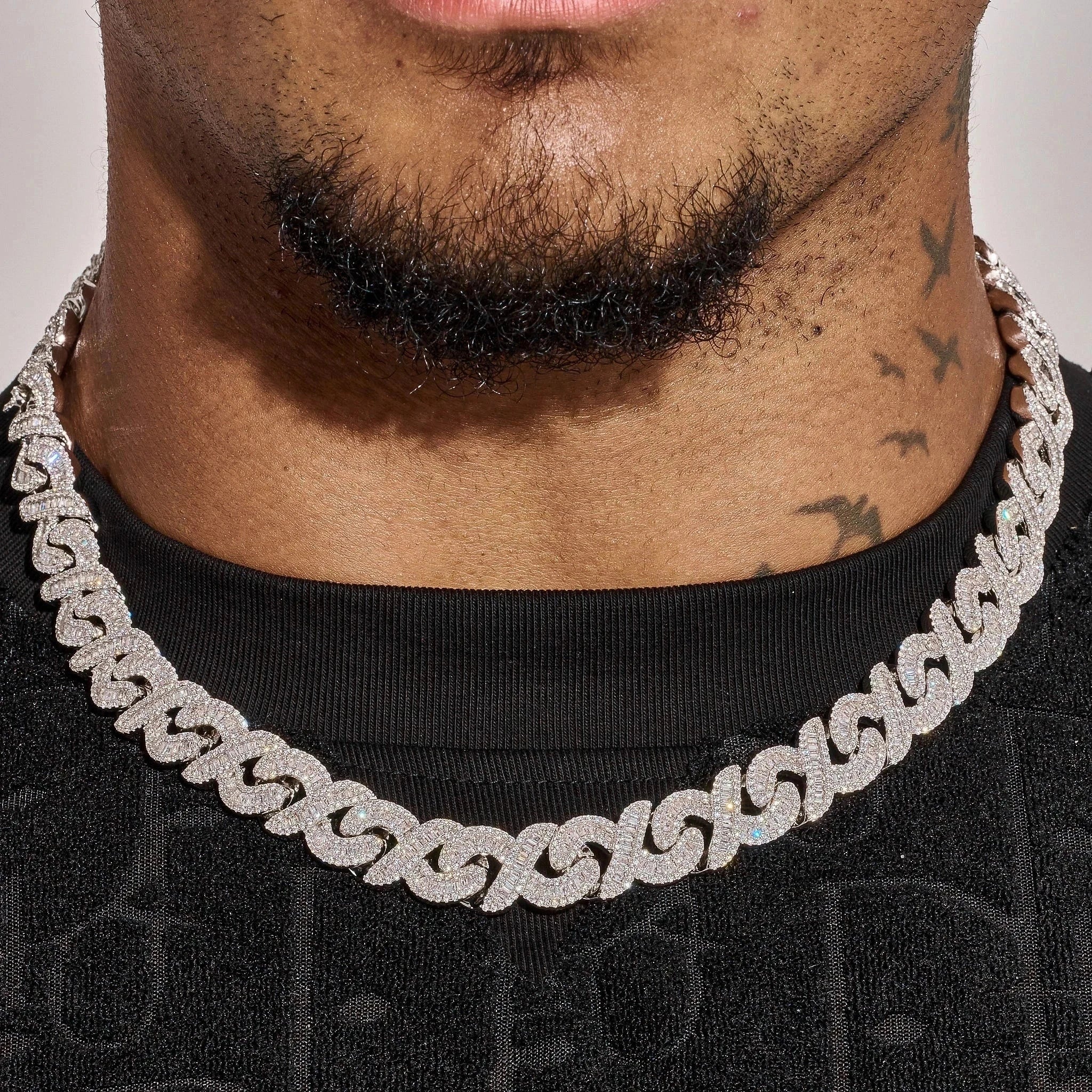 12MM Moissanite Iced Out Baguette Infinity Link Chain - 925 Silver - D Colour - VVS1