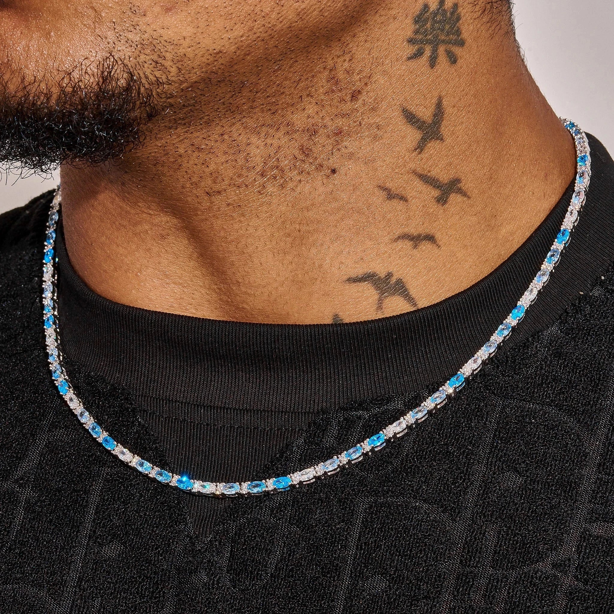 3MM Moissanite Blue Ovals Tennis Chain - 925 Silver - D Colour - VVS1