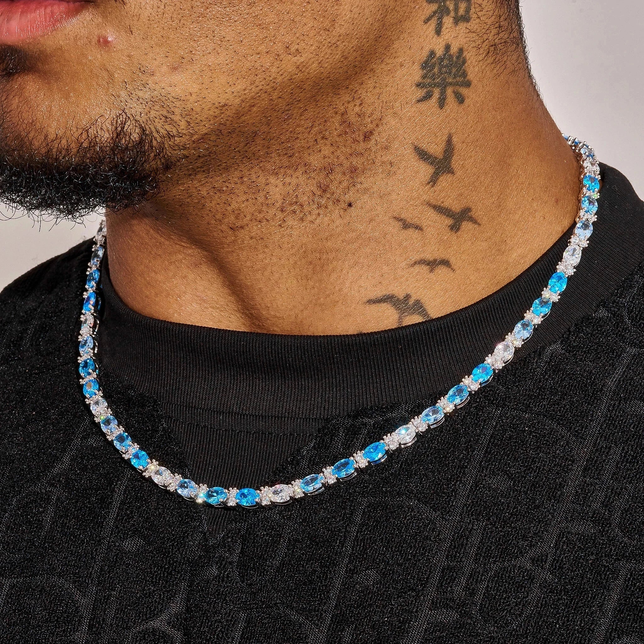 5MM Moissanite Blue Ovals Tennis Chain - 925 Silver - D Colour - VVS1