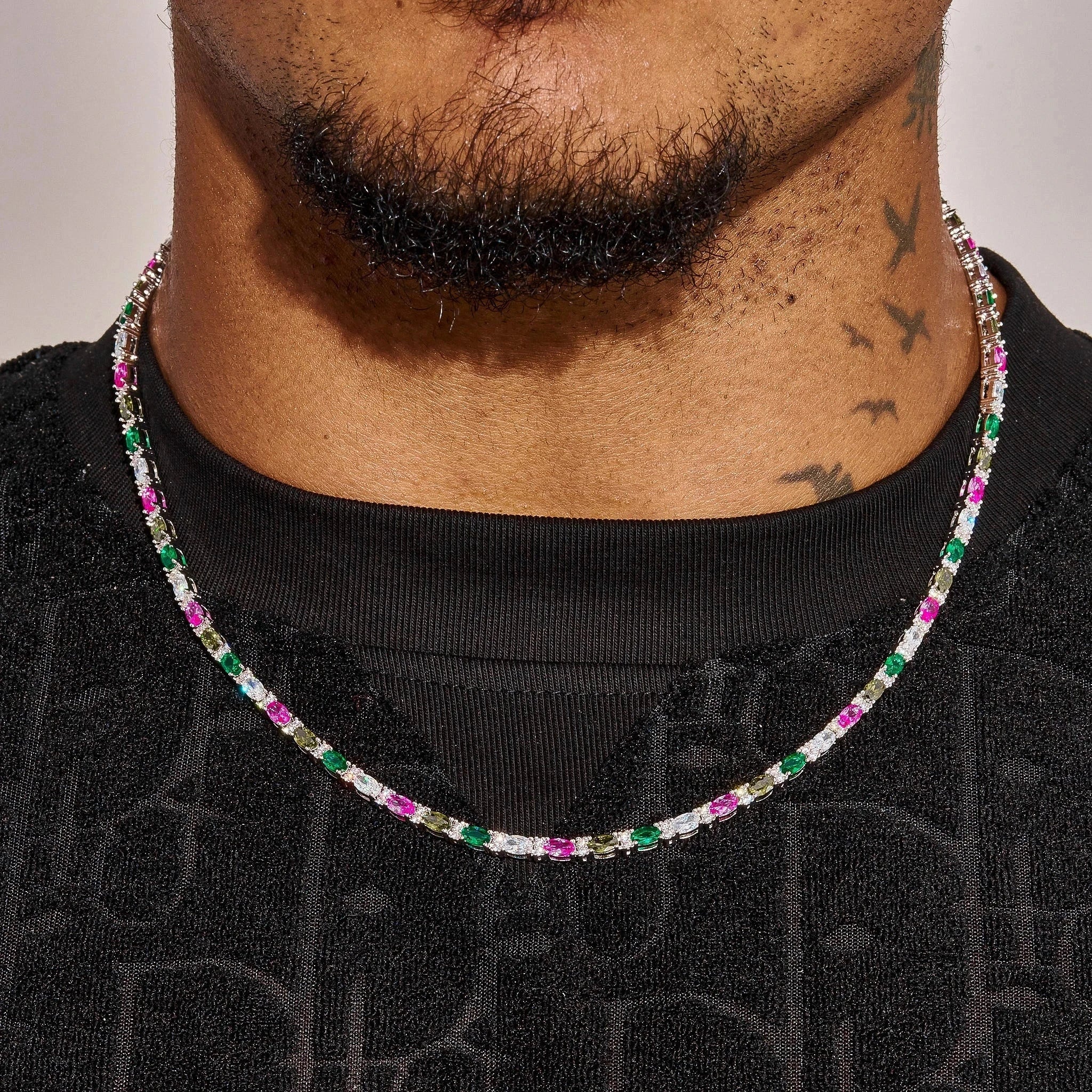 3MM Moissanite Multicolor Mixed Oval Cut Tennis Chain -  925 Silver - D Colour - VVS1