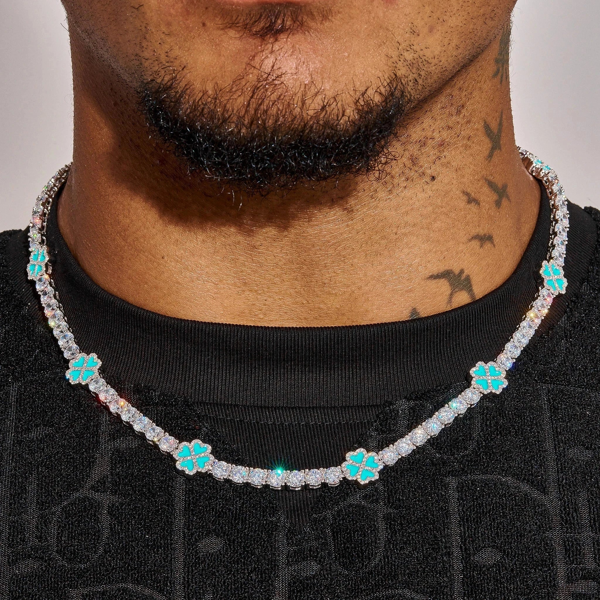5MM Moissanite Blue Clover Tennis Chain -  925 Silver - D Colour - VVS1