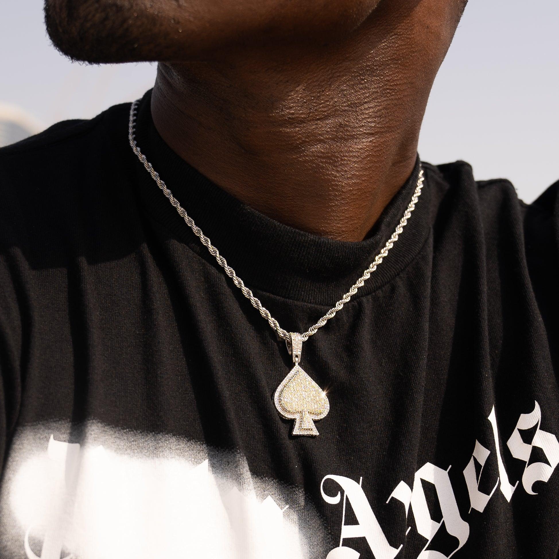 Iced Ace Pendant - White Gold, featuring flawless diamond simulants, worn on a chain.
