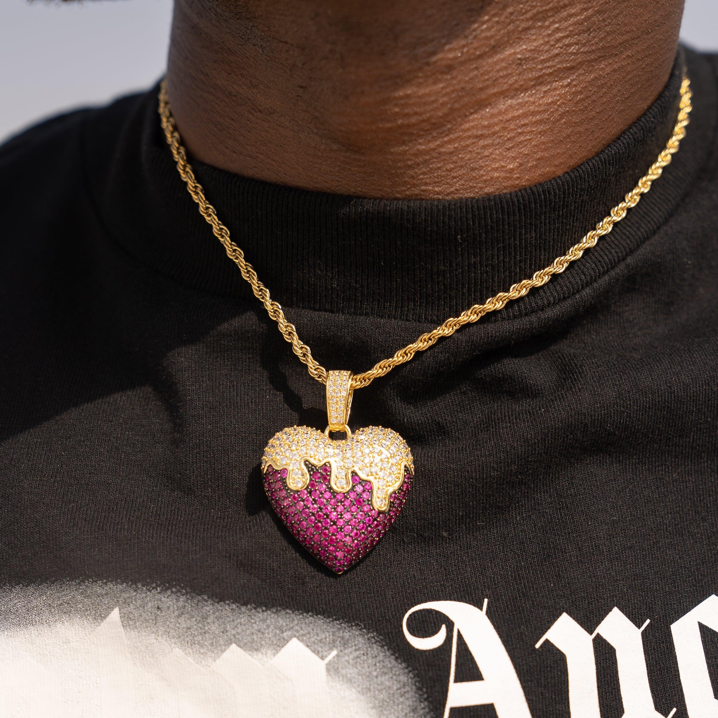 Iced Heart Pendant in Gold with VS Diamond Simulants, 18K Plated.