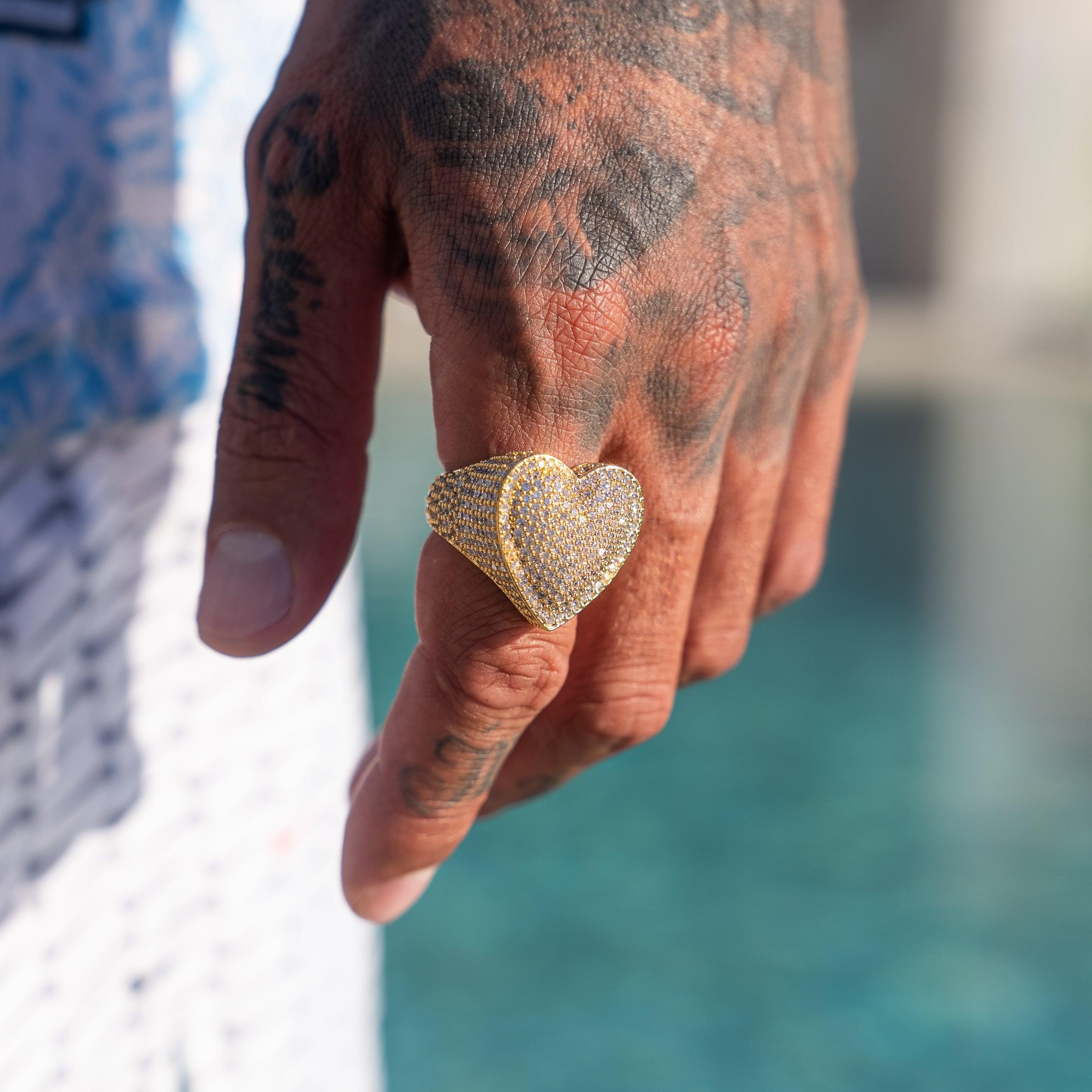 Moissanite heart ring with 18k vermeil gold plating and VVS1 D colour stones on tattooed hand