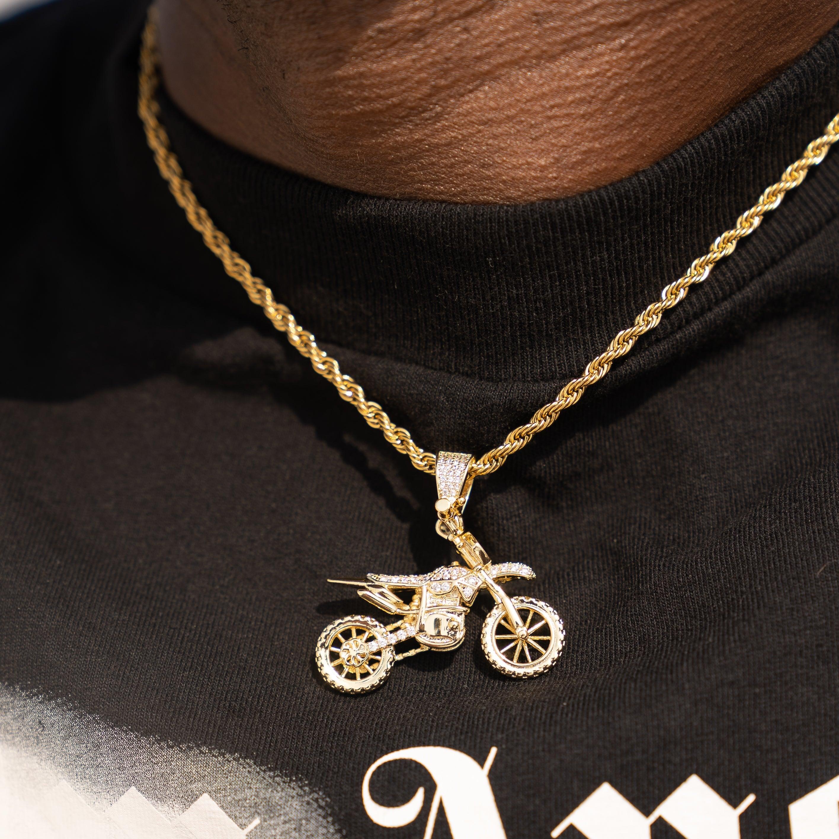 Iced Motocross Pendant in Gold featuring flawless VS diamond simulants.