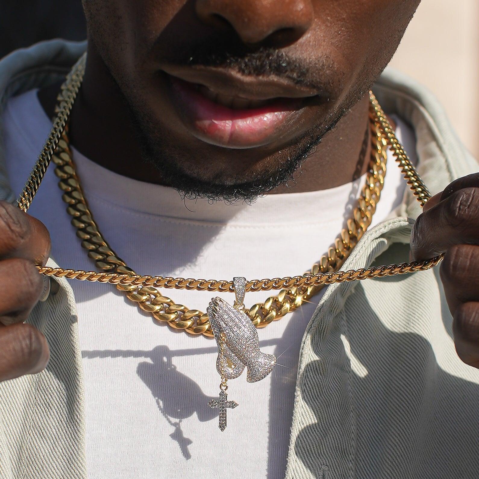 Iced Praying Hands Pendant - Gold