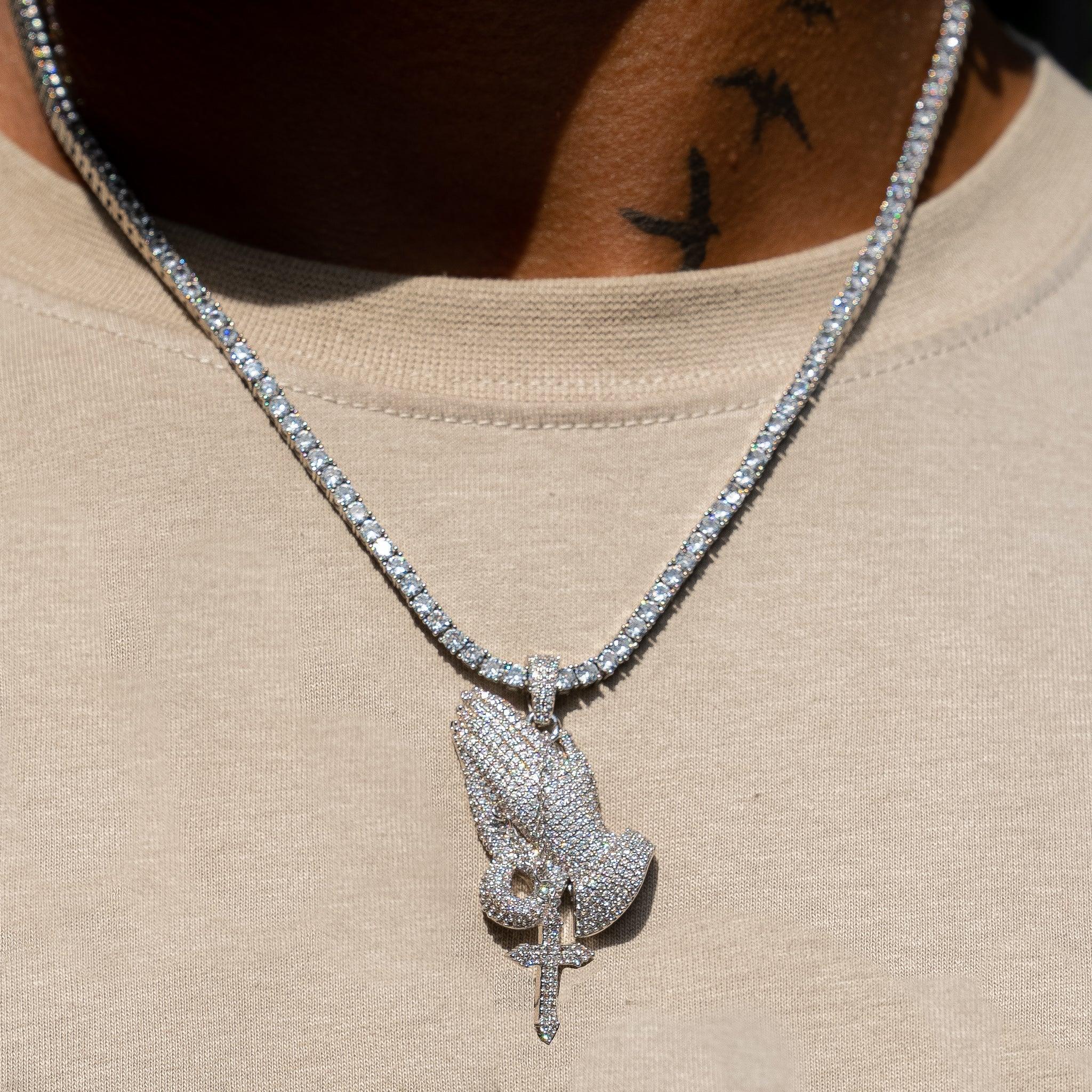 Iced Praying Hands Pendant - White Gold