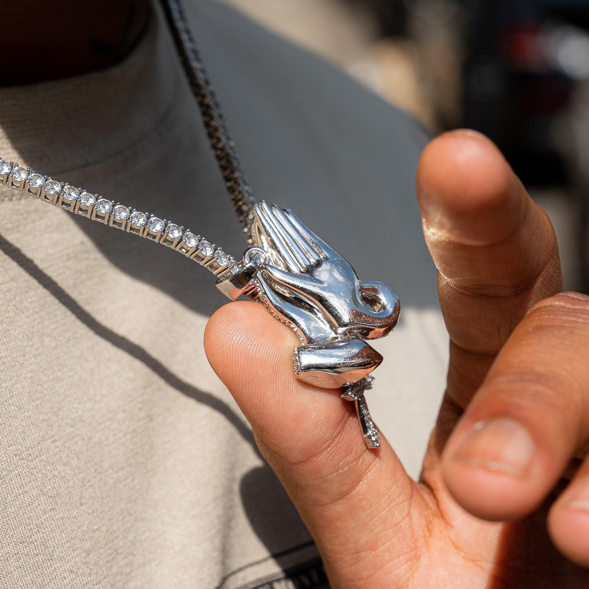 Iced Praying Hands Pendant - White Gold