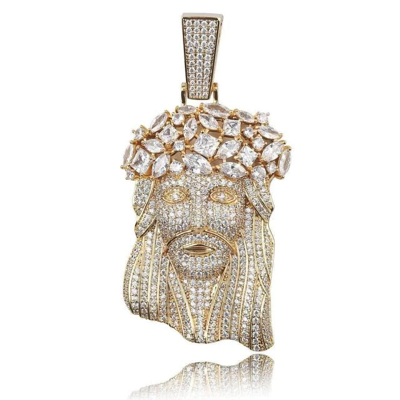 18K gold vermeil Jesus pendant with prong-lifted oval cut stones and flawless VS diamond simulants