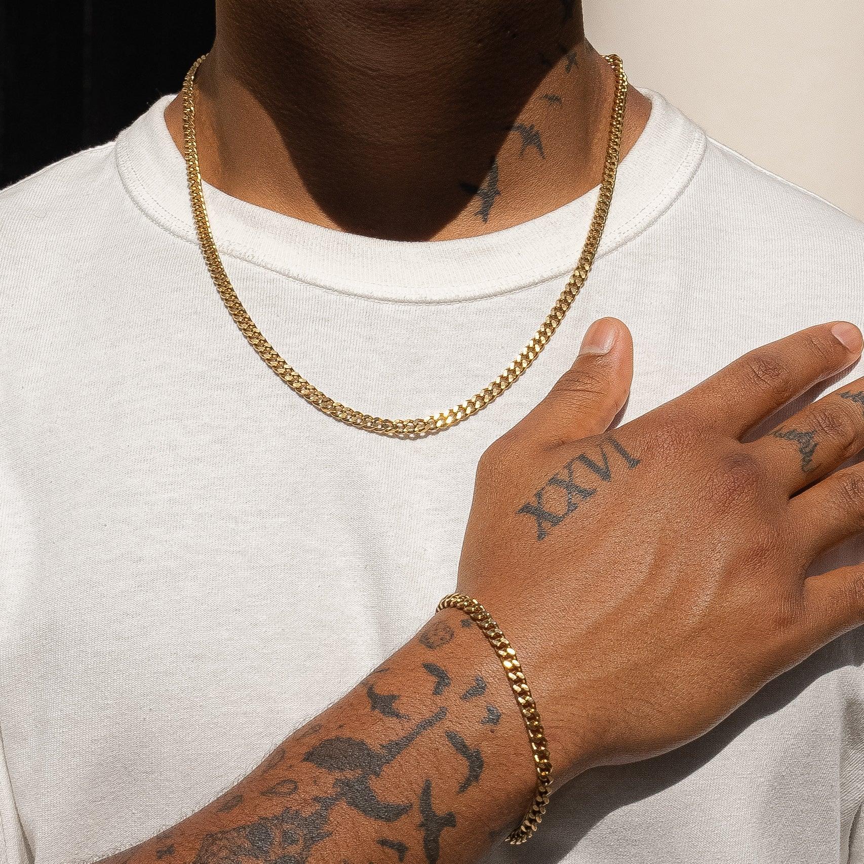 Micro Cuban Chain and Bracelet Set in Gold, 18K Plated, Durable and Water-Resistant.