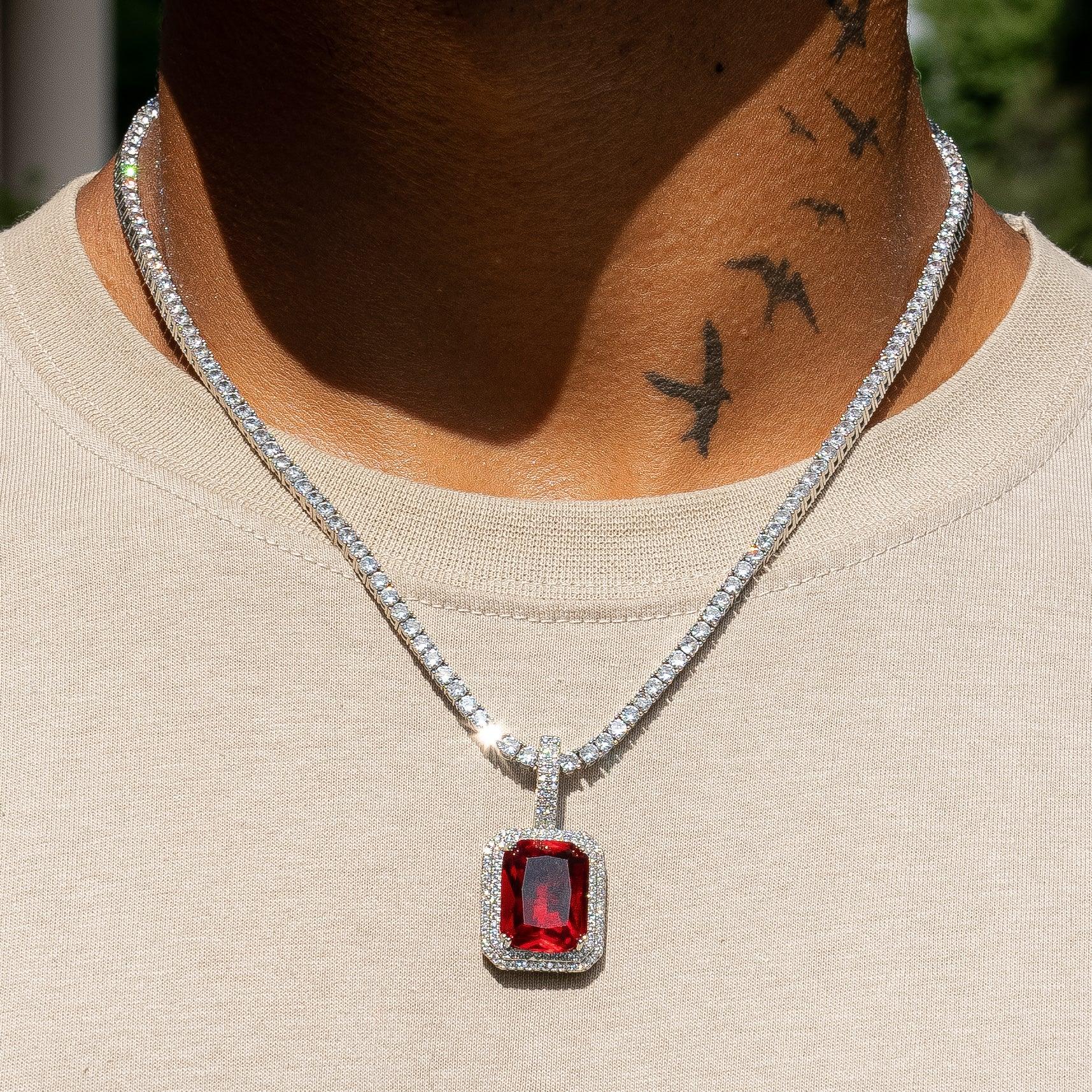 Ruby gem pendant in white gold with flawless diamond simulants.