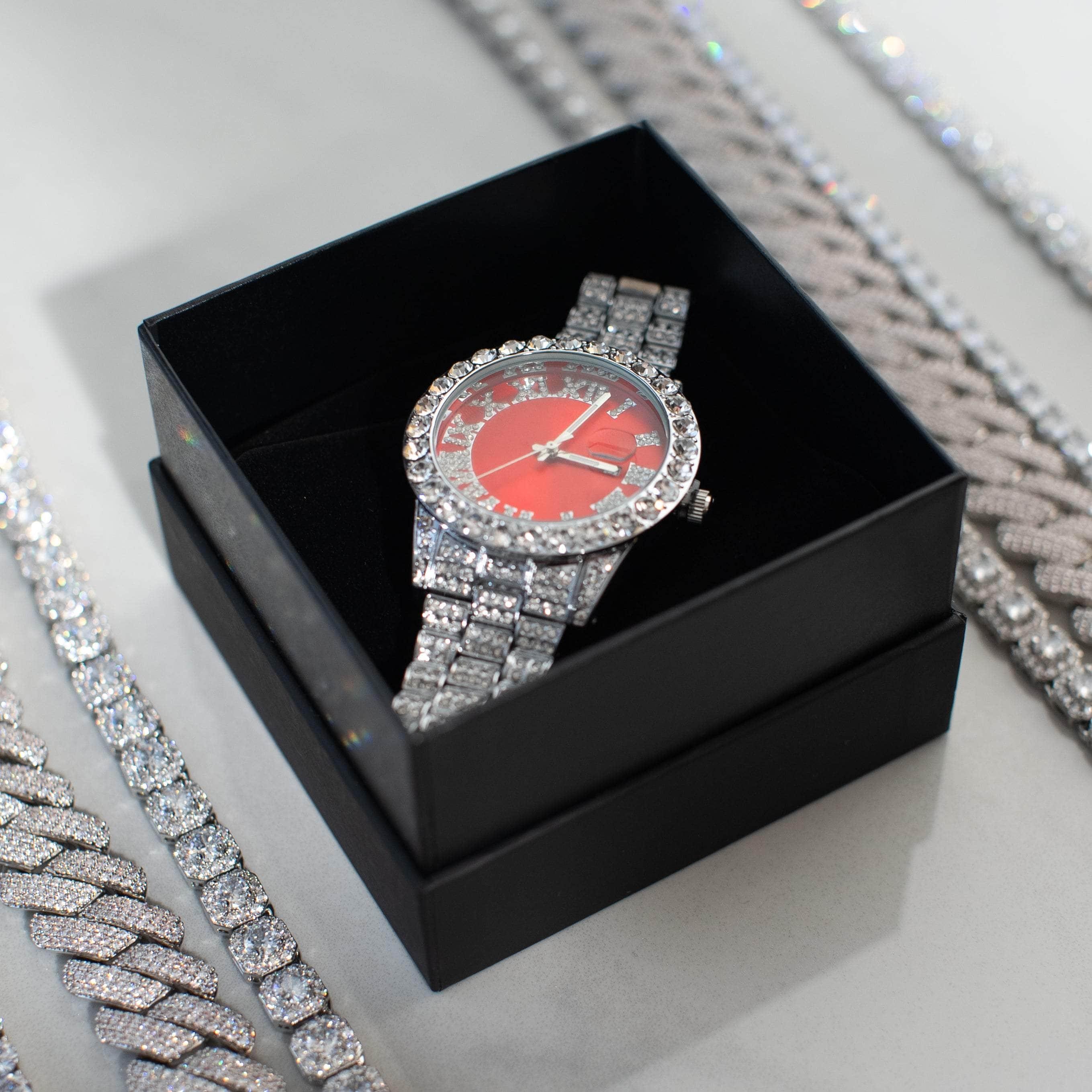 Ruby Numeral Dial Diamond Simulant Watch - Silver